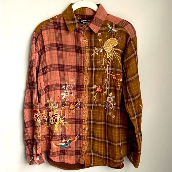 Johnny Was Varlese Multicolor Embroidered Plaid Oversized Shirt Size XS - Picture 2 of 13